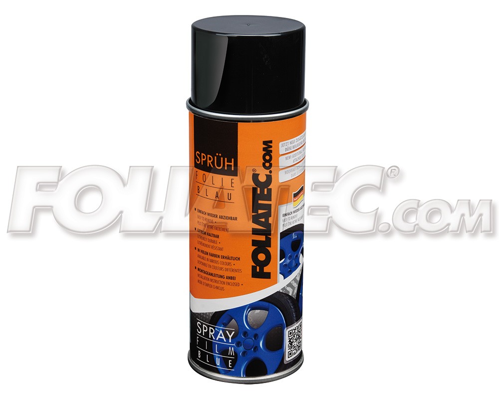 Blue glossy spray film can by Foliatec, featuring a black cap and an orange label with product details, designed for automotive use.
