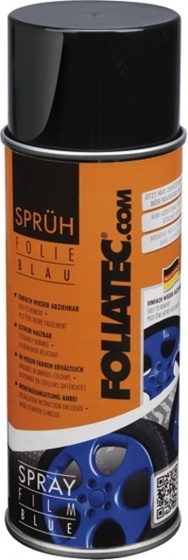 Blue glossy spray film can by Foliatec, featuring a black cap, clear labeling, and a visual of blue wheels on the front, designed for easy application and removable finish.