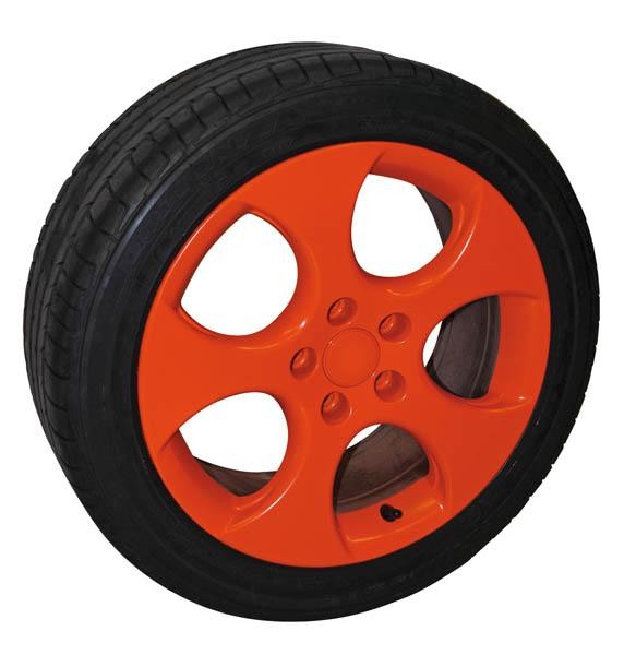 Glossy orange spray film in a can, designed for automotive use, showcasing vibrant color and a smooth finish, ideal for customizing wheels or other surfaces.