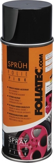 Pink glossy spray film can by Foliatec, featuring a black cap, vibrant pink color, and bold branding with usage instructions on the label.