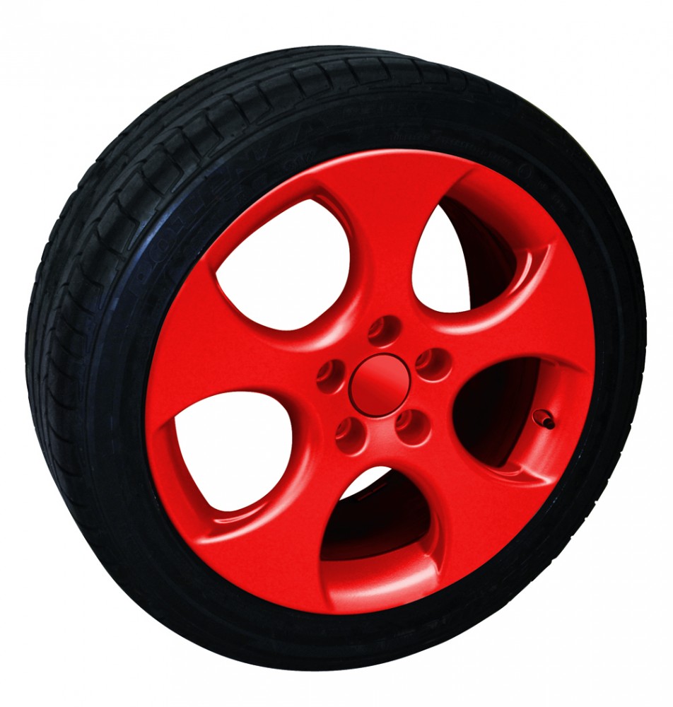 Glossy red spray film for automotive applications, showcasing a vibrant red color on a stylish alloy wheel with five spokes, mounted on a black tire.
