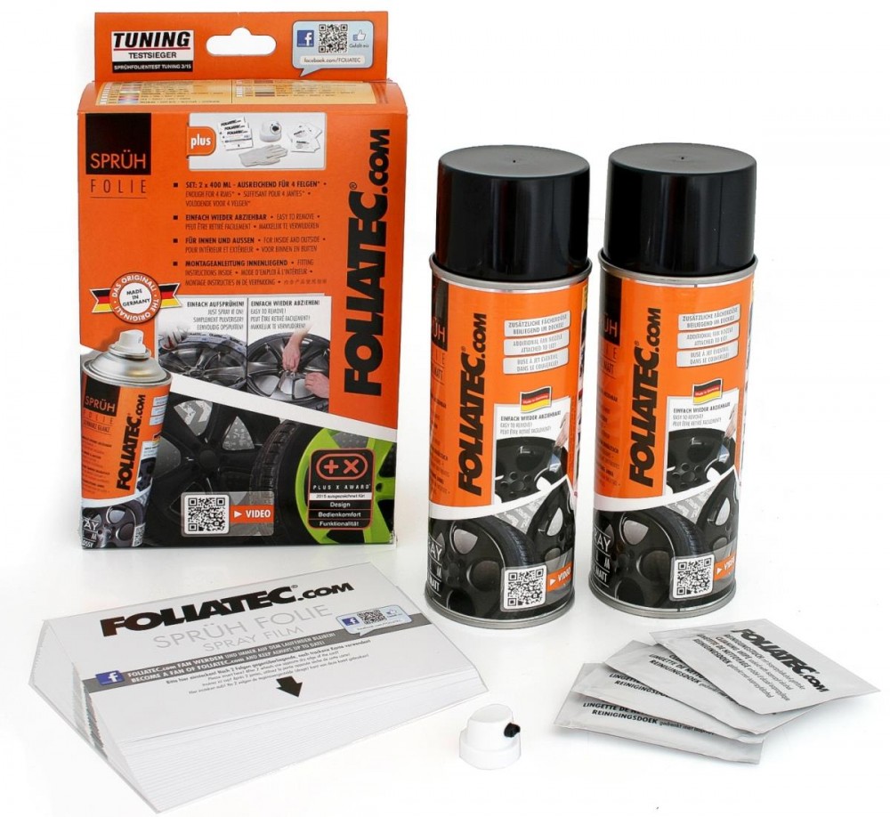 Silver metallic spray film cans by Foliatec, featuring a glossy finish, with a packaging box and application instructions, designed for automotive customization.
