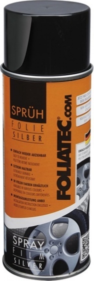 Silver metallic spray film can by Foliatec, featuring a sleek design with an orange and black label, ideal for temporary car customization and easy removal.
