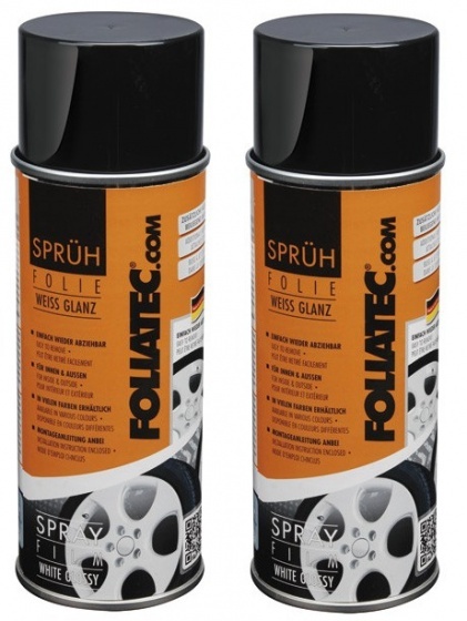 Two cans of Foliatec Spray Film in glossy white finish, featuring a black top and vibrant orange label with product details and usage instructions.