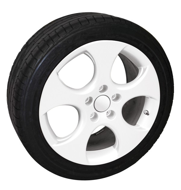 Glossy white spray film for automotive use, designed to coat wheels, featuring a smooth finish and a sleek, modern look.