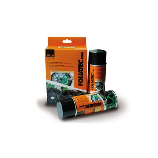 Yellow glossy spray film cans by Foliatec, featuring a vibrant yellow color, with a sleek design and packaging showcasing a green wheel graphic.