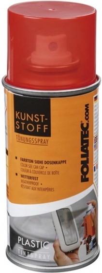 Red tinting spray in a metallic can with a transparent nozzle cap, featuring an orange and white label with product details and the Foliatec logo.