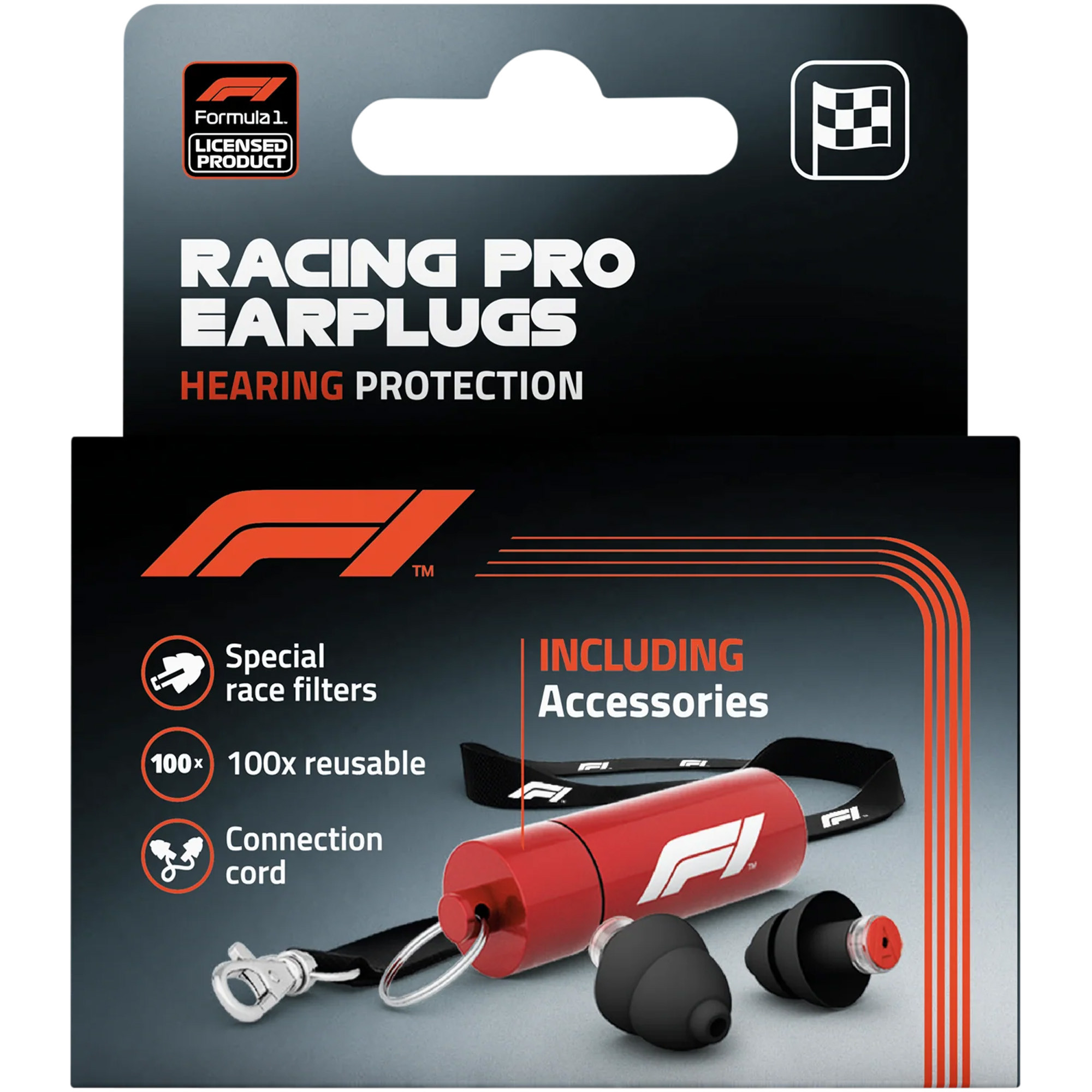 Red packaging featuring the Formula 1 logo, showcasing Racing Pro Earplugs with special race filters, a connection cord, and a keychain holder, emphasizing reusable design.