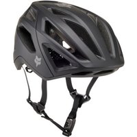 Matte black MTB helmet with large vents, adjustable straps, and Fox logo on side.