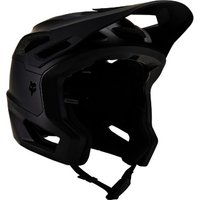 Matte black MTB helmet with extended visor, open face design, and MIPS technology by Fox Clothing.