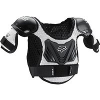 Black and white youth MTB body armor with shoulder pads, mesh design, and Fox logo on chest.