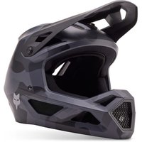 Fox Clothing Rampage Camo Mips full-face MTB helmet, dark camo pattern, angular visor, and ventilation openings.