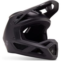 Matte black full-face MTB helmet with angular visor, large vents, and Fox logo on the side.