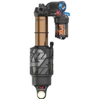Black and bronze Fox Racing Shox X2 Fact Trunnion shock with blue and red adjustment knobs.
