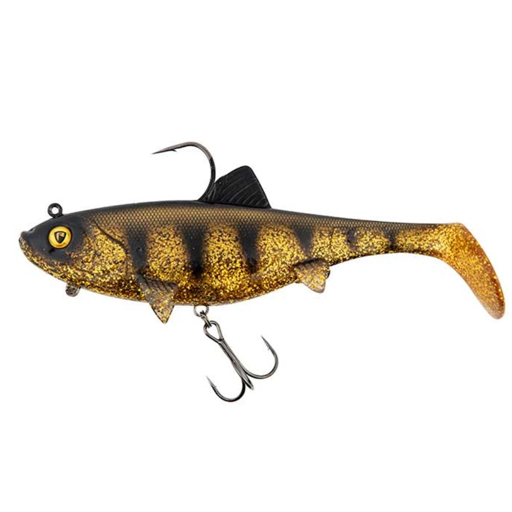 Soft predator lure in black and gold with a glittery finish, featuring a prominent dorsal fin, realistic eyes, and a triple treble hook for effective fishing.