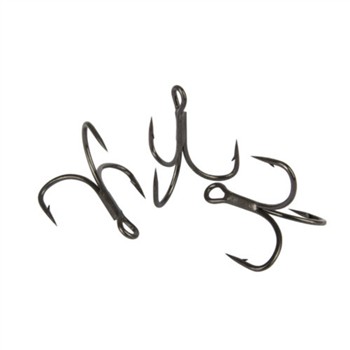 Three black, barbed treble hooks made of metal, featuring sharp points and a robust design, labeled as Fox Rage Predator PowerPoint X-Strong, size 4.