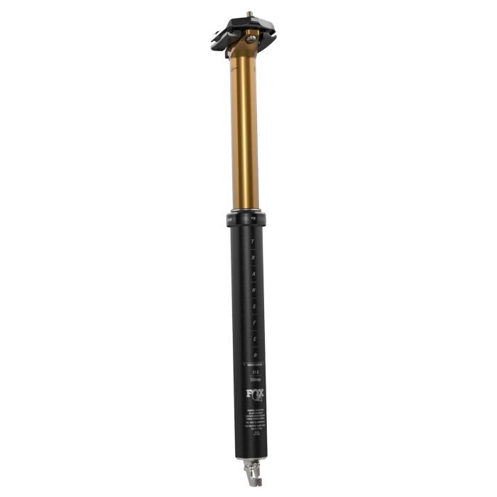 Gold anodized aluminum shaft with a black lower section, featuring adjustable height markings and a remote lever attachment for the Fox Transfer Factory Dropper Seatpost, 31.6mm diameter, 210mm travel.