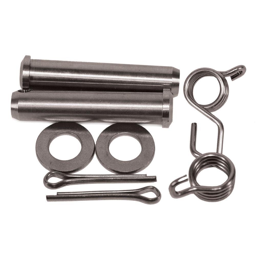 Set includes two metallic foot peg pins, two washers, and two coiled springs, all in a silver-gray finish, designed for specific Kawasaki motorcycle models.