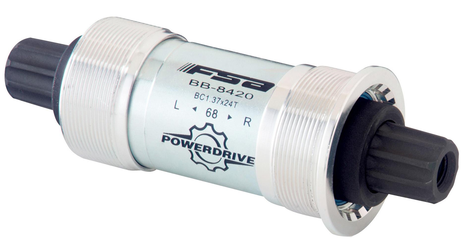 Silver FSA Power Drive bottom bracket 68x118mm with black spindle and threaded cups.