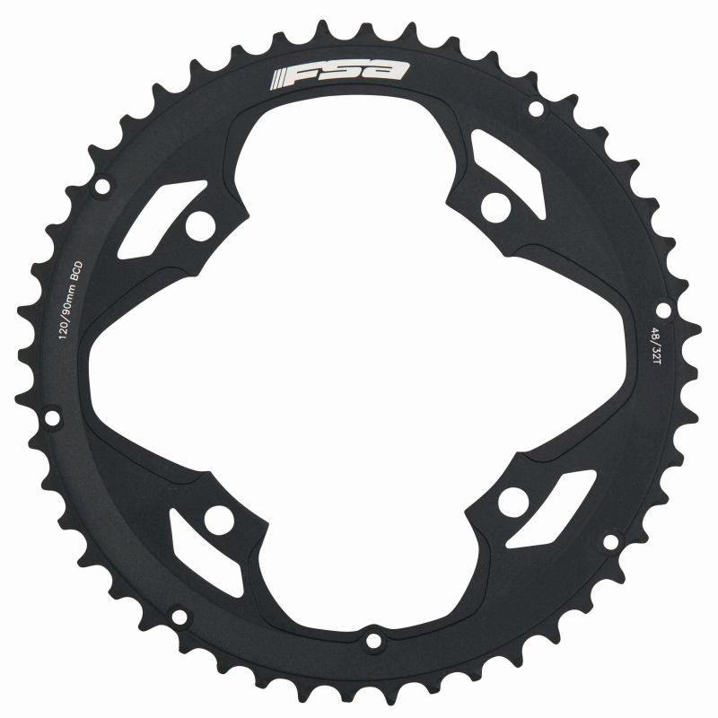 Black aluminum FSA Pro Road chainring with a 120mm BCD, featuring 48 teeth and a sleek, aerodynamic design, suitable for road cycling.