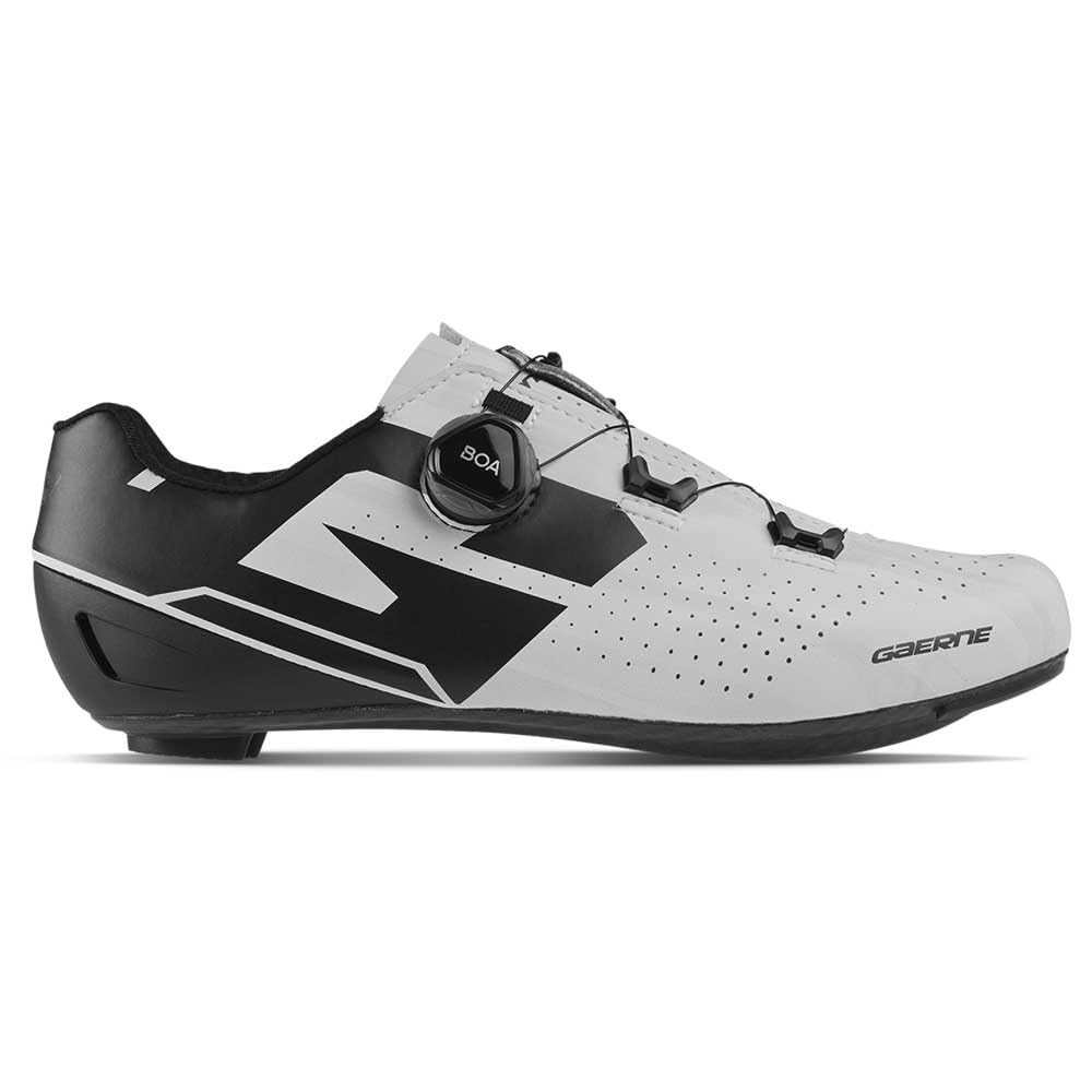 Gaerne Carbon G.Fulgor Road Shoes in white and black, featuring a sleek design, perforated upper for breathability, and a BOA dial for adjustable fit, size EU 44.