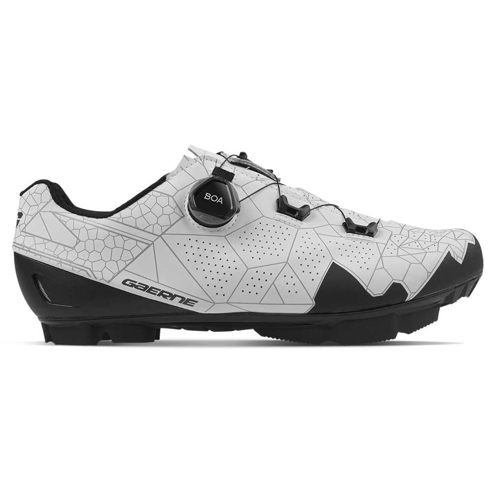 Gaerne G.Edge MTB shoes in EU 42, featuring a white and black geometric design, synthetic upper, and a BOA dial for secure fit, with a rugged sole for traction.