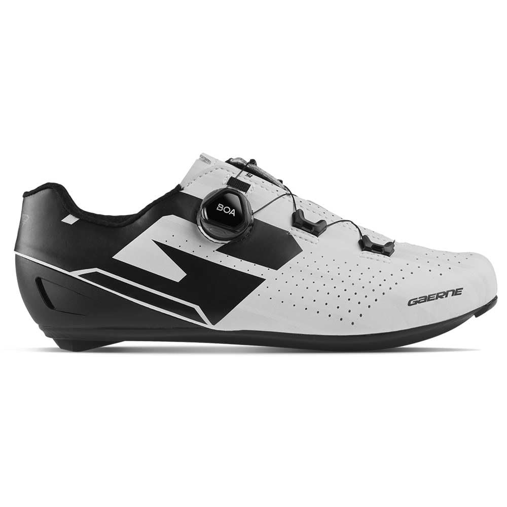 White and black Gaerne G.Fulgor road shoes in EU size 42, featuring a sleek design, perforated upper, and a BOA dial for secure fit adjustment.
