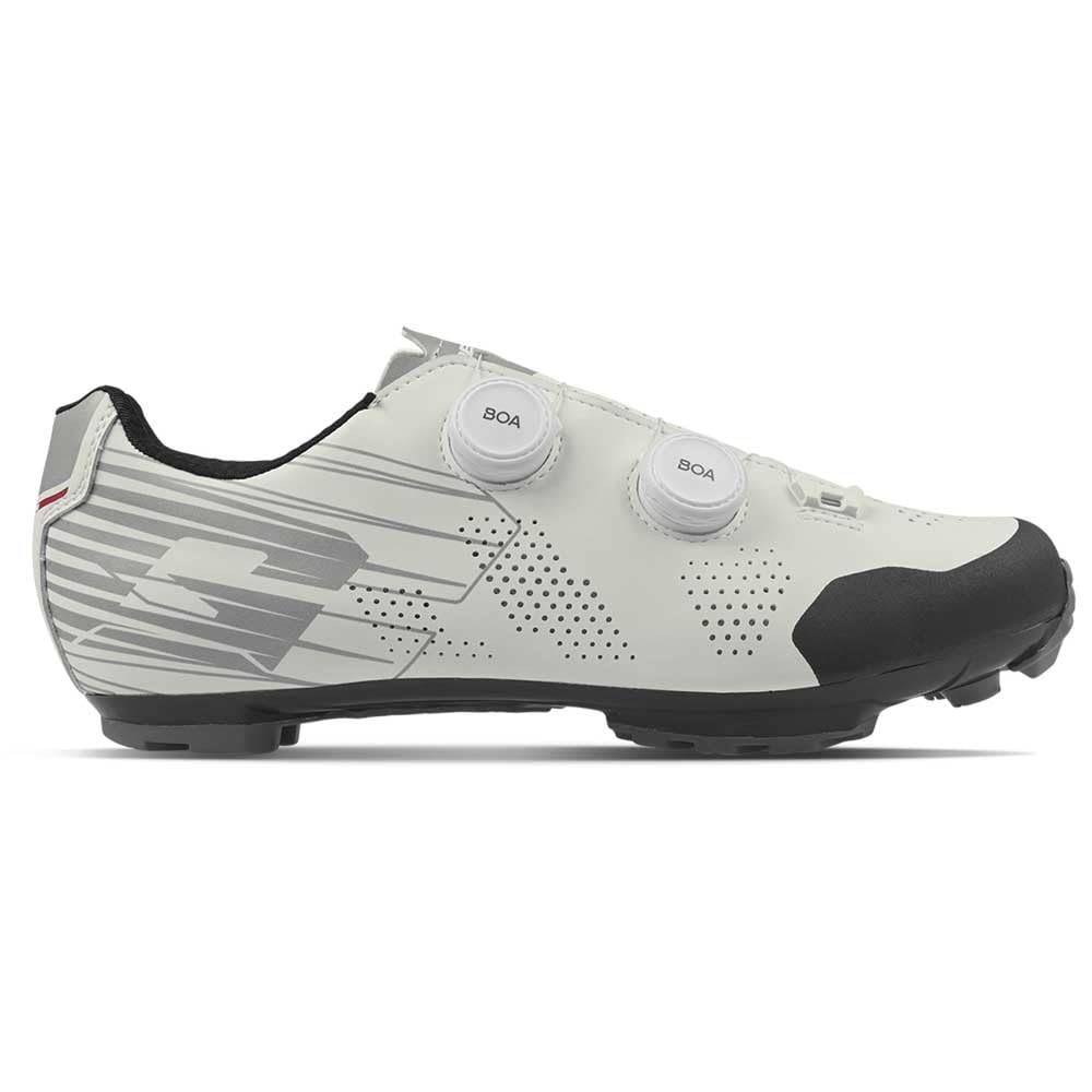 Gaerne G.Obsidian Gravel Shoes in white with grey accents, featuring a sleek design, perforated upper for breathability, and dual BOA dials for a secure fit.