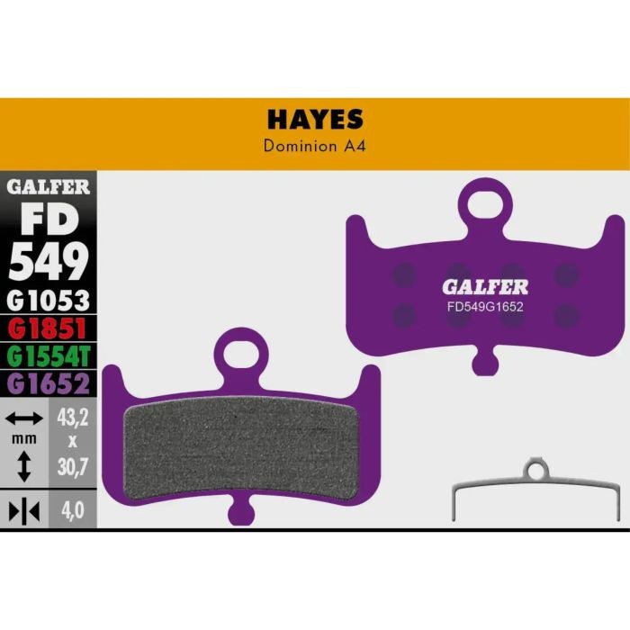 Galfer E-Bike disc brake pad in purple with a textured surface, designed for Hayes Dominion A4, featuring identification numbers and specifications on a labeled card.