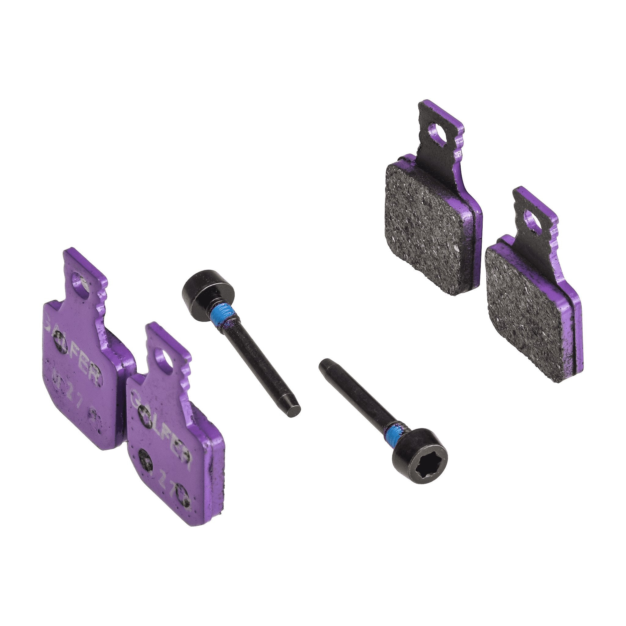 Purple Galfer E-Bike disc brake pads designed for Magura MT5 and MT7, featuring metal backing and black friction material, accompanied by two bolts for installation.