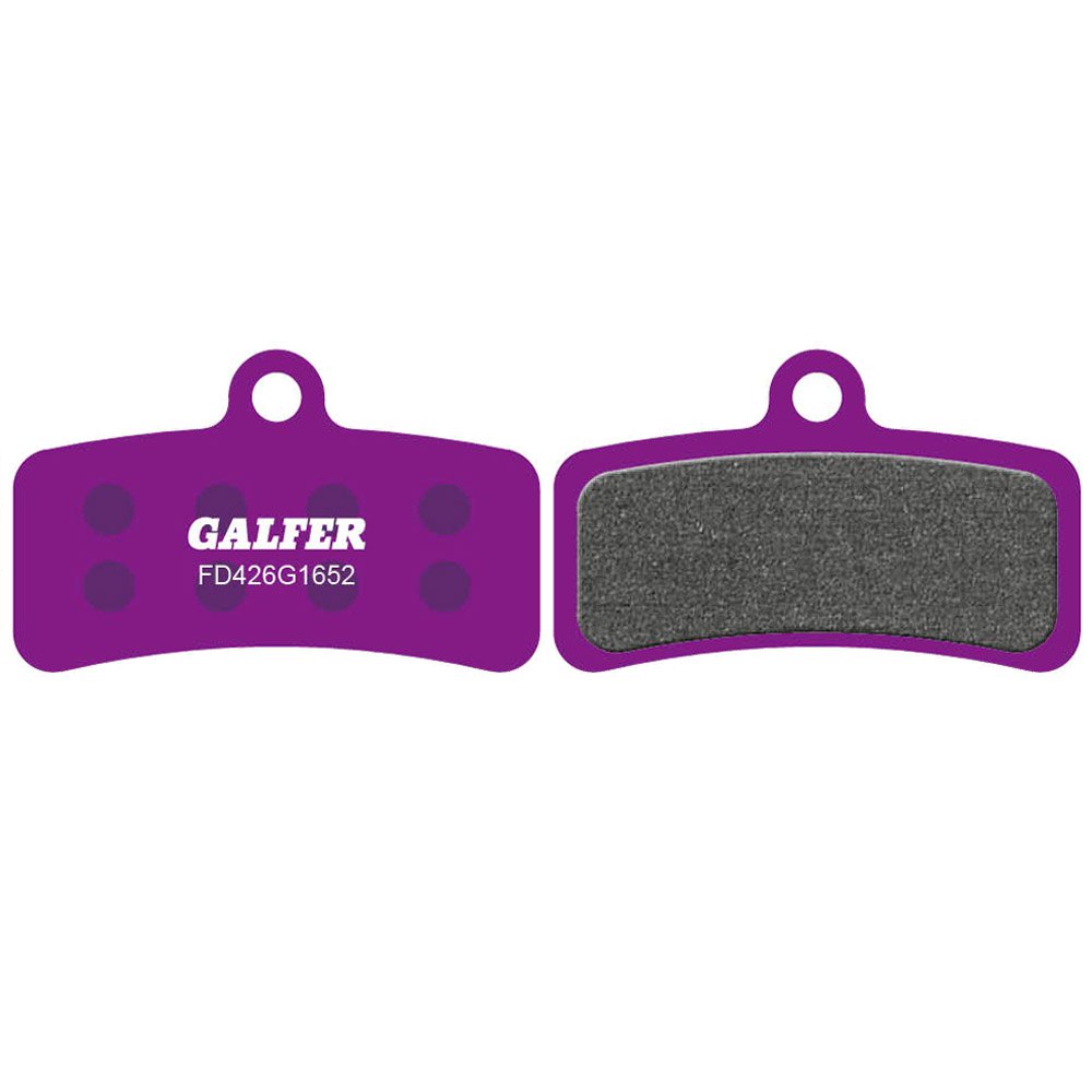 Purple disc brake pads with a textured black surface, featuring four holes for mounting, labeled "GALFER" in white, designed for Shimano and TRP brake systems.