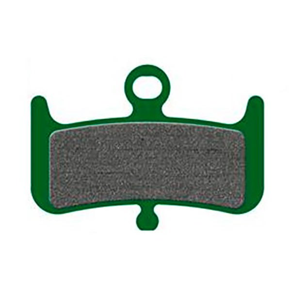 Galfer Pro Bike Disc Brake Pad in green with a textured gray friction surface, designed for Hayes Dominion A4 brakes, featuring a distinctive shape and a mounting hole.