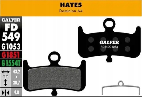 Black Galfer disc brake pad for Hayes Dominion A4, featuring a metallic surface and two circular holes for mounting, with product details and dimensions displayed on the packaging.