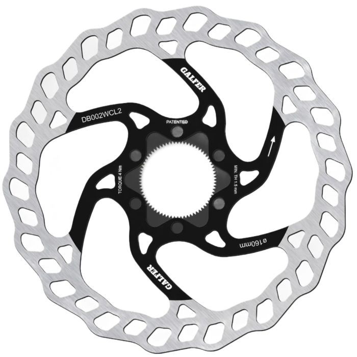 Galfer Wave Centrelock Disc Rotor features a stainless steel construction with a wave design, measuring 160mm in diameter and 2.0mm thick, with a black center and cutouts for weight reduction.