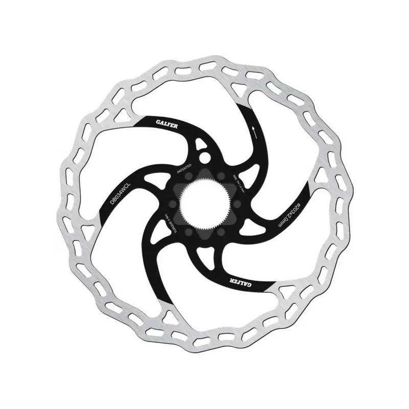 Galfer Wave Centrelock Disc Rotor features a 203mm diameter, 2.0mm thickness, with a sleek silver and black design, showcasing a wave pattern for enhanced braking performance.