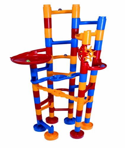 Colorful marble run game featuring blue, red, and yellow plastic tracks, with multiple levels, a funnel, and a spinning wheel for marbles to navigate through.