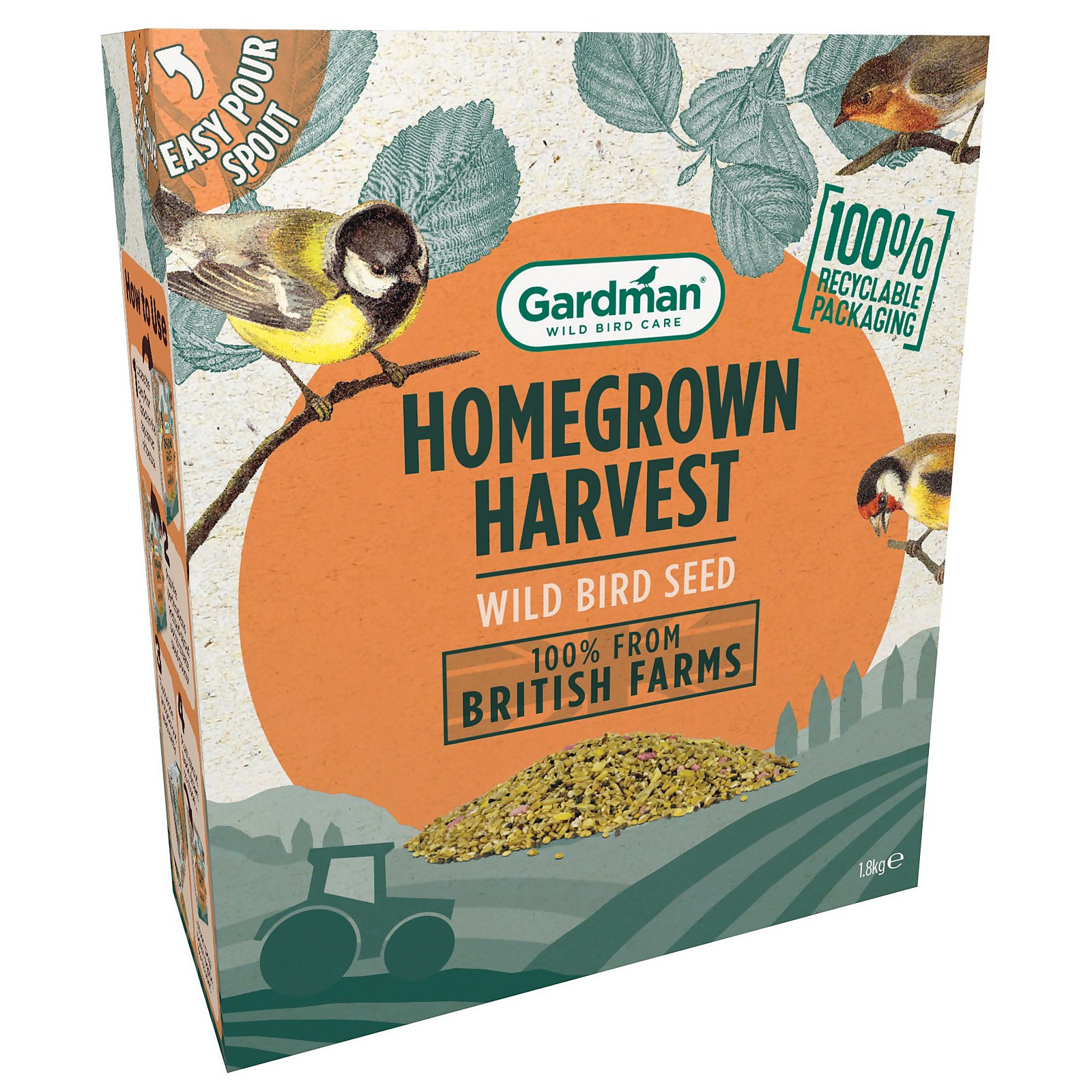 Gardman Homegrown Harvest 1.8kg box featuring vibrant orange and green design, with images of birds, a recyclable label, and an easy pour spout for wild bird seed.