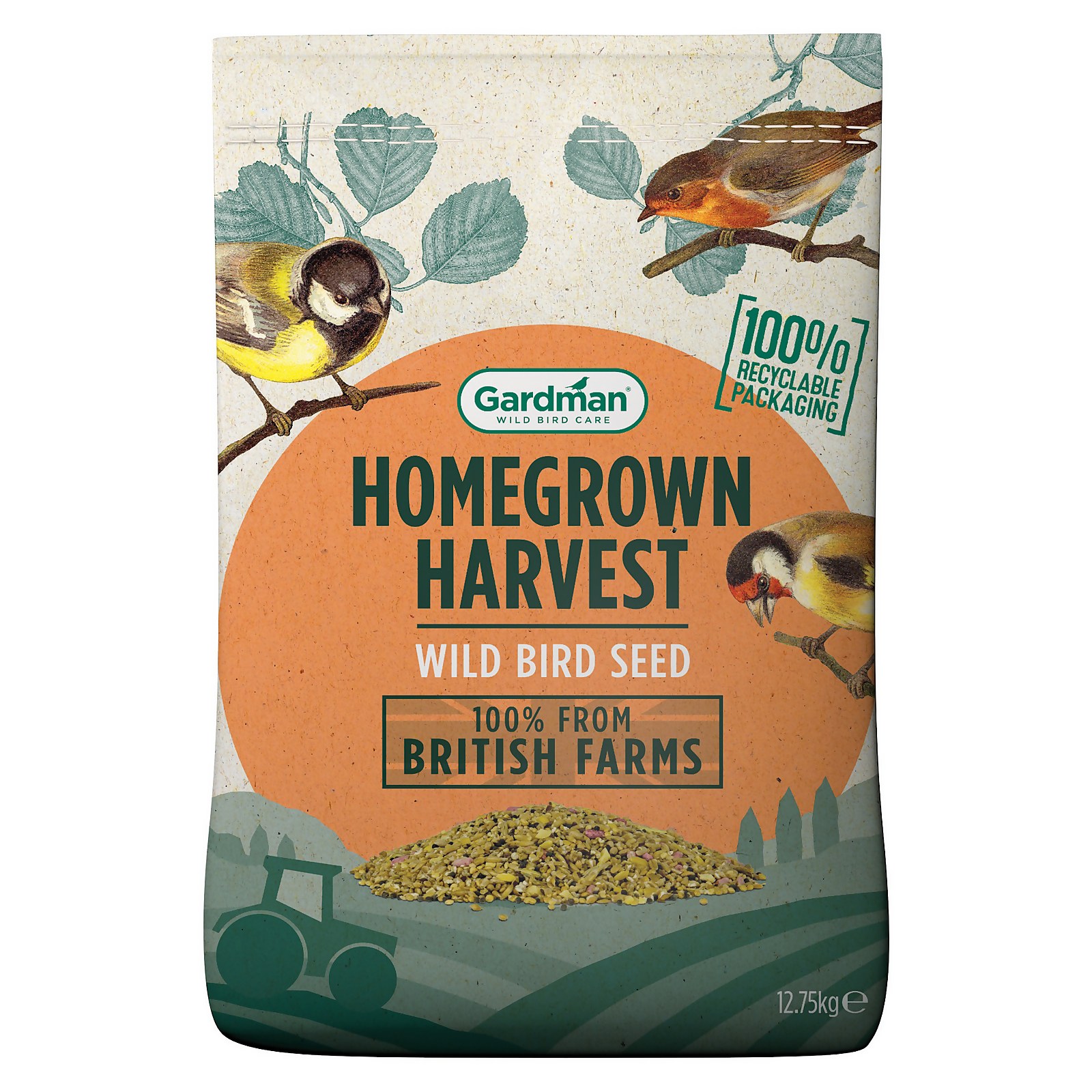 Gardman Homegrown Harvest wild bird seed in a 12.75kg recyclable bag featuring illustrations of birds and green seed mix, emphasizing its British farm origin.