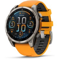 Garmin fenix 8 smartwatch with 1.4" AMOLED display, 47mm silver case, orange band, digital interface showing metrics.