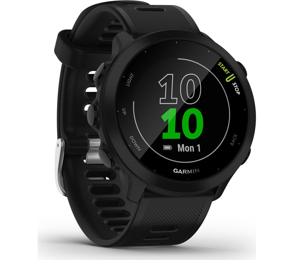 Black Garmin Forerunner 55 GPS smart watch with a round face, digital display showing time and date, and a textured silicone strap for comfort and durability.
