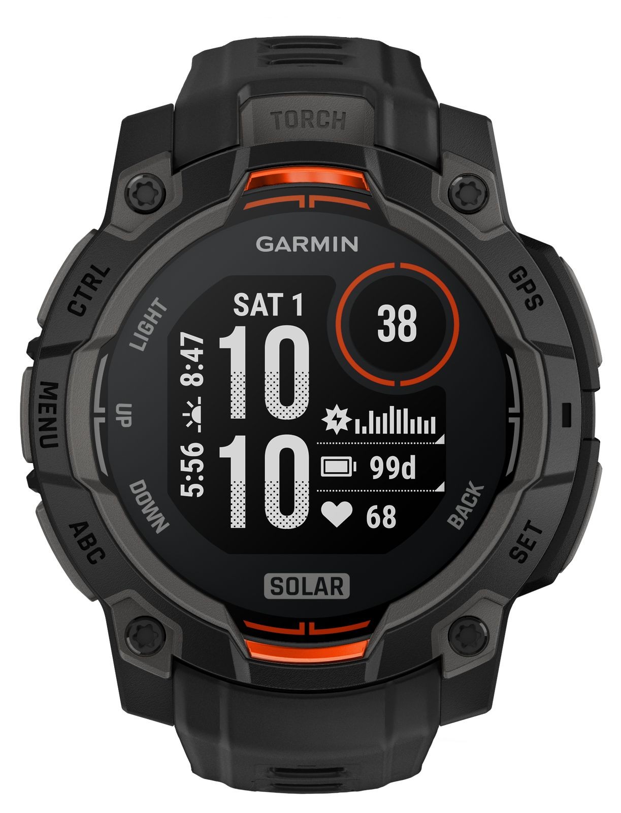 Garmin Instinct 3 smartwatch in black with orange accents, featuring a round AMOLED display, solar charging capability, and various fitness tracking metrics visible on the screen.