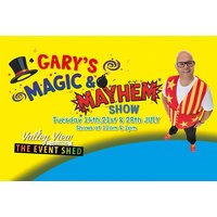 "Colorful poster for Gary's Magic & Mayhem show with magician in red and yellow vest, top hat graphic, and show dates"