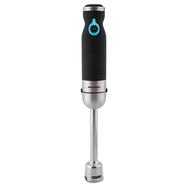 Black and silver hand blender with a sleek design, featuring a rubberized grip, blue power button, and stainless steel blending shaft for advanced performance.