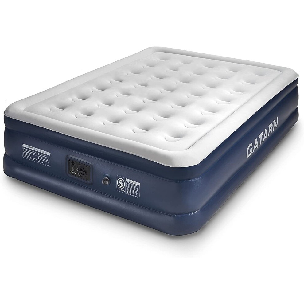 King size air bed in navy blue with a soft, white top surface, featuring a built-in electric pump for quick inflation in 3 minutes, designed for comfort and convenience.