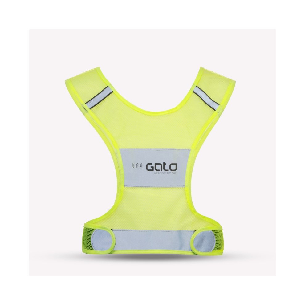 Bright yellow reflective vest made of breathable mesh material, featuring gray reflective strips and a logo on the front, designed for safety during sports activities.
