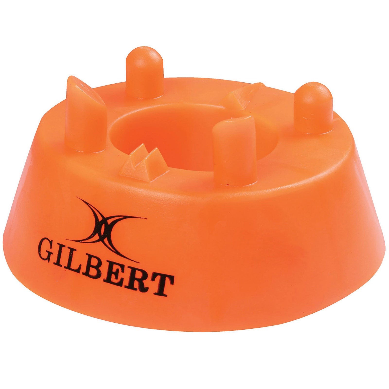 Black Gilbert Rugby 450 Precision Kicking Tee made of durable plastic, featuring a central hole and four support prongs for stability during use.