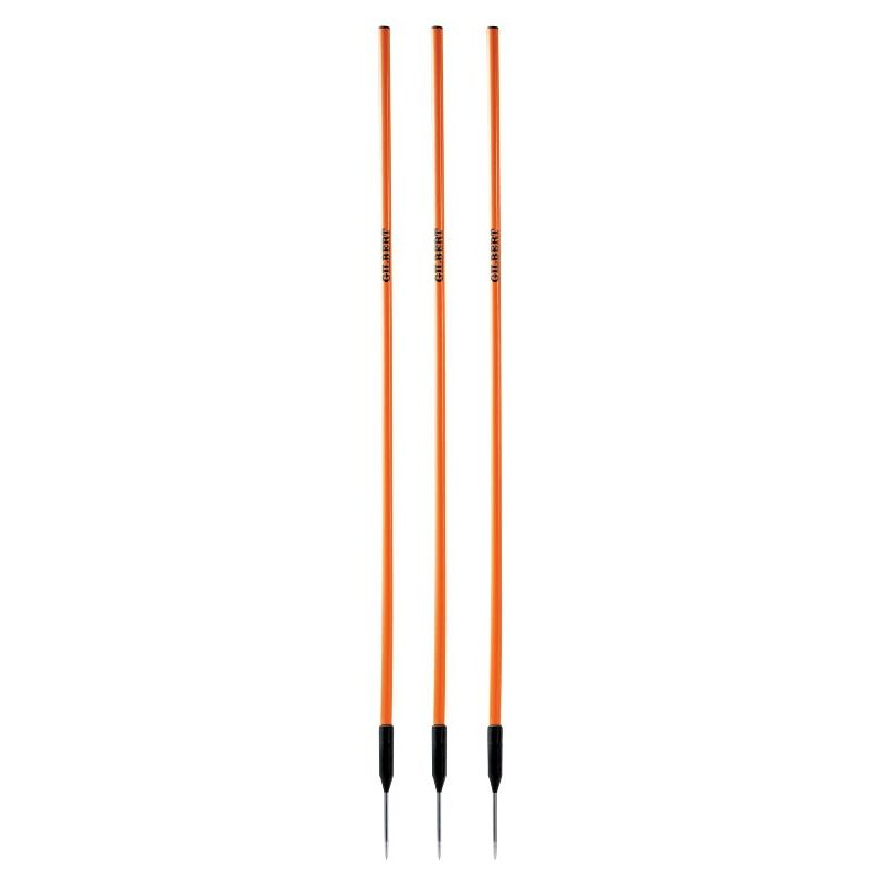 Three bright orange agility poles with black tips, designed for rugby training, showcasing a lightweight and durable material for enhanced performance.