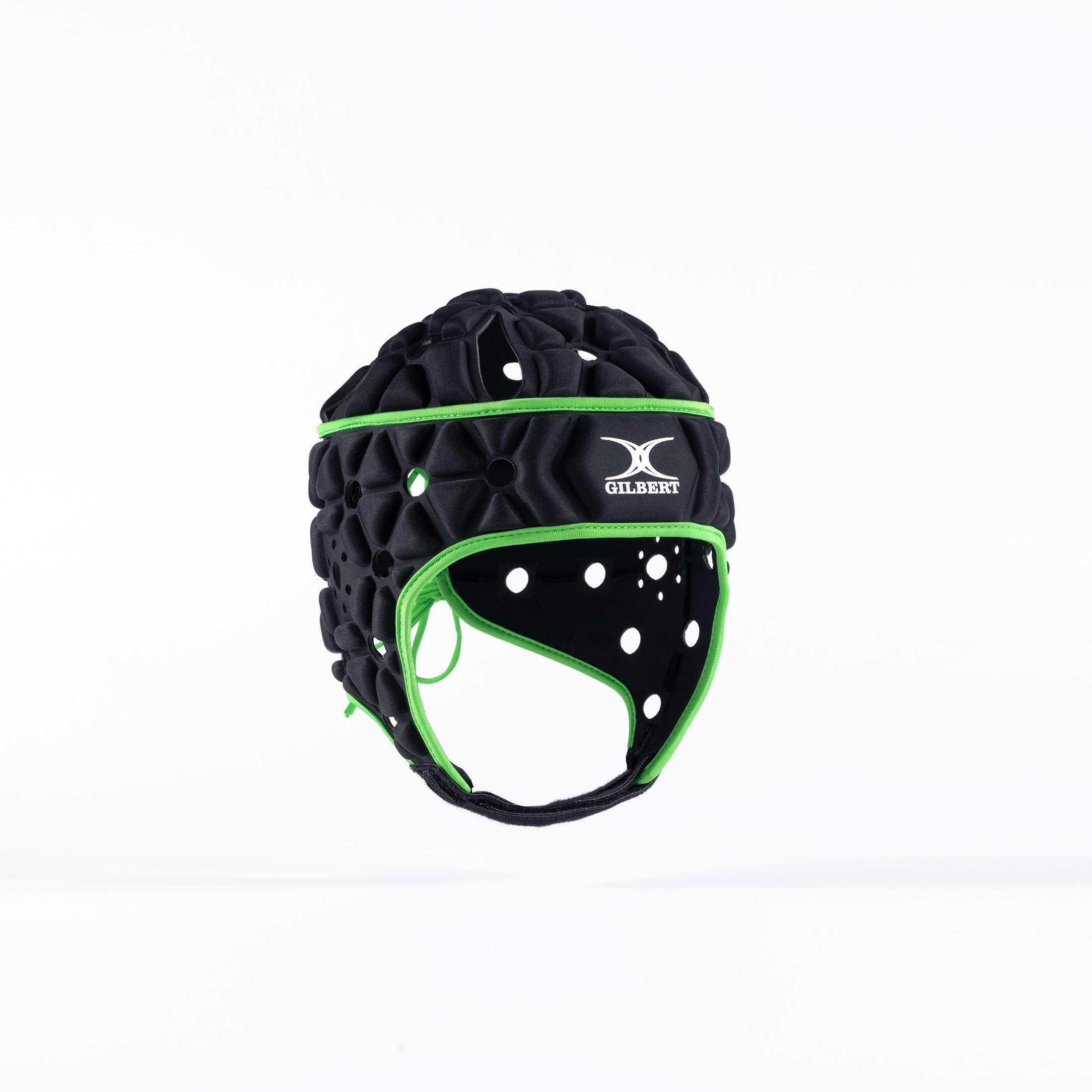 Black satin rugby headguard with green accents, featuring a padded design and ventilation holes for breathability, designed for player safety during games.