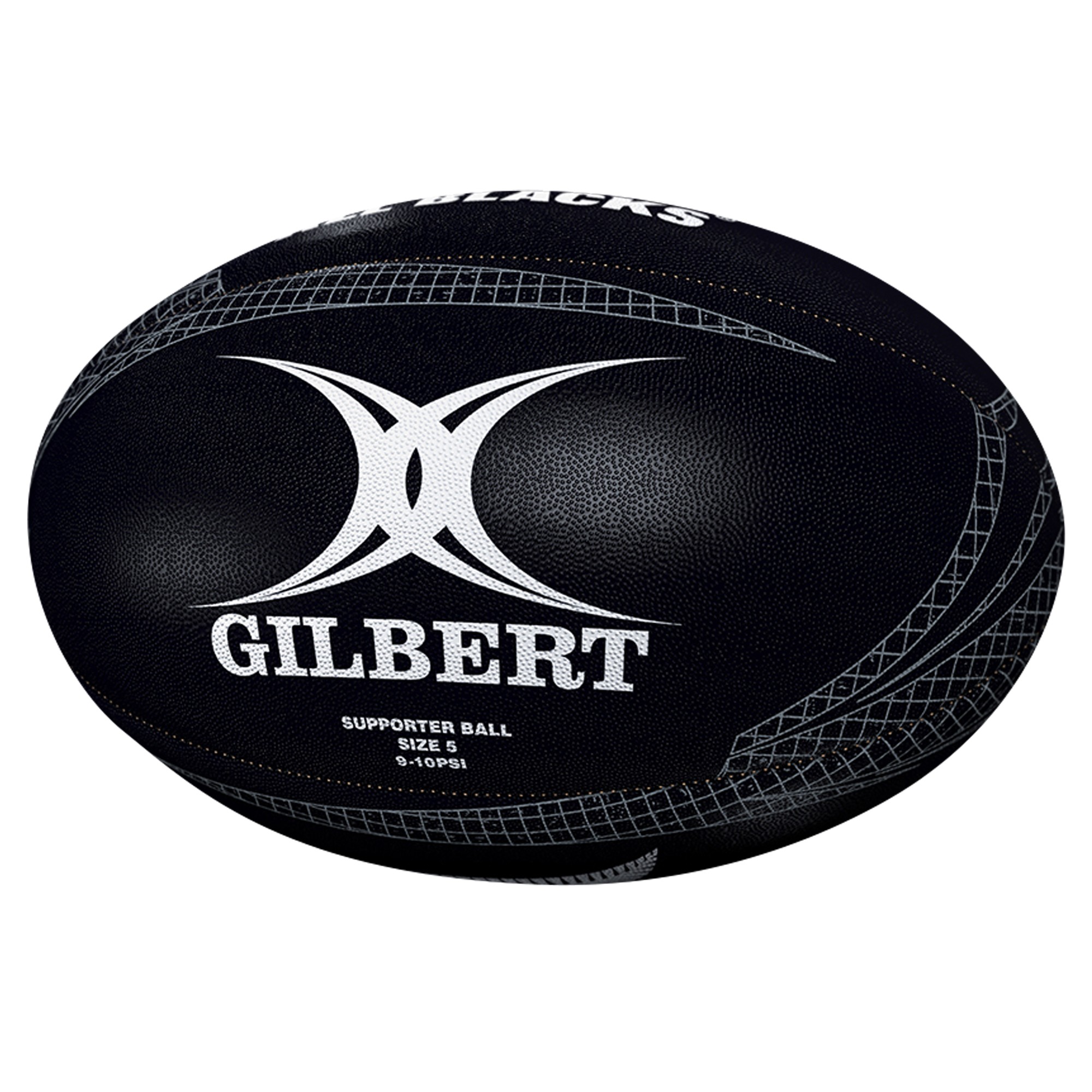 Black rugby ball featuring white "Gilbert" logo and "Supporter Ball" text, designed for fans of the All Blacks, with a textured surface for grip and size 5 specifications.