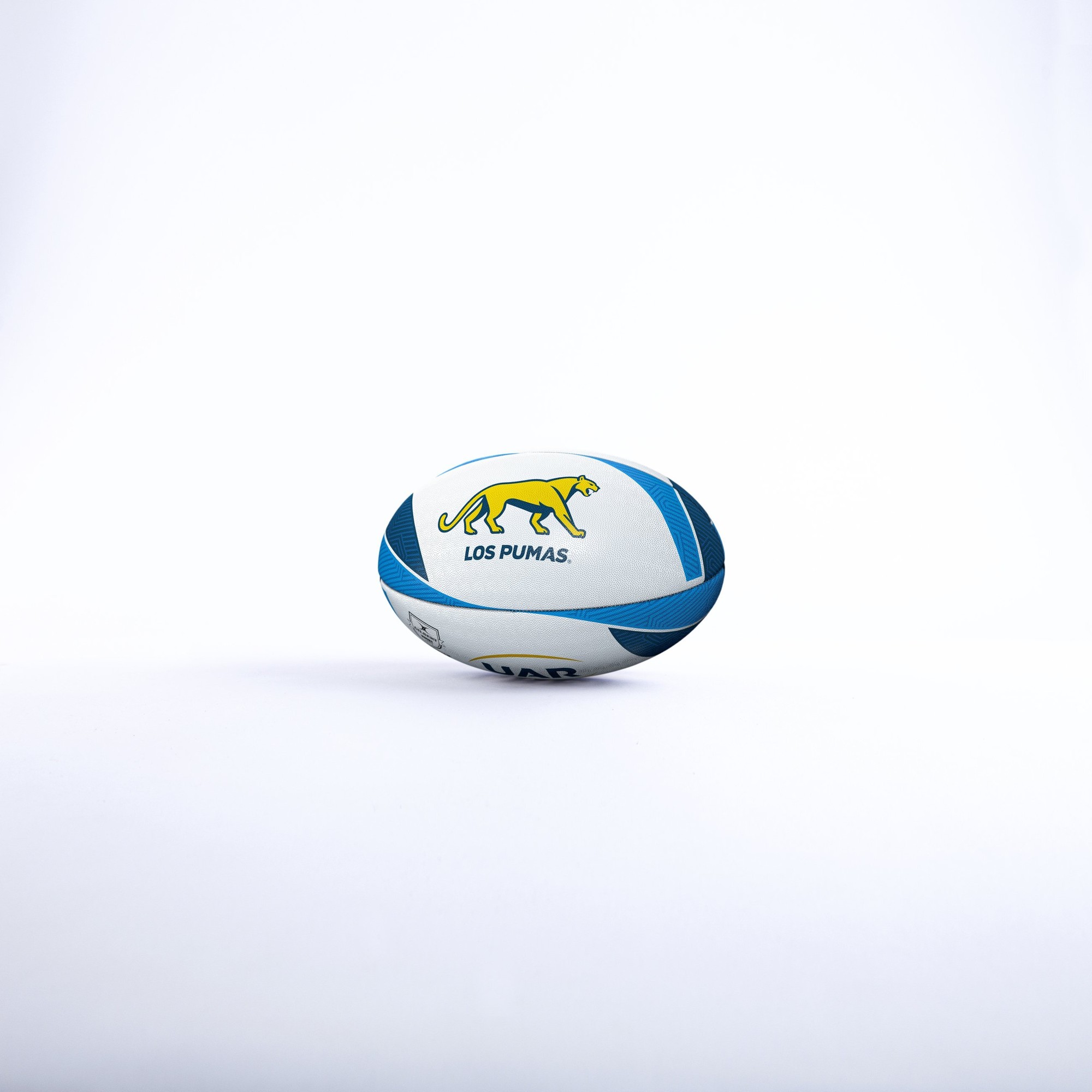 Gilbert Argentina Replica Rugby Ball in white and blue, featuring a yellow panther logo and "LOS PUMAS" text, designed for fans and collectors.